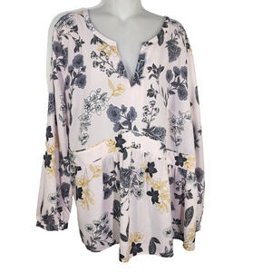 LOFT PLUS Womens Blouse Size 20 Pink Floral Split V Neck Long Sleeve Lightweight